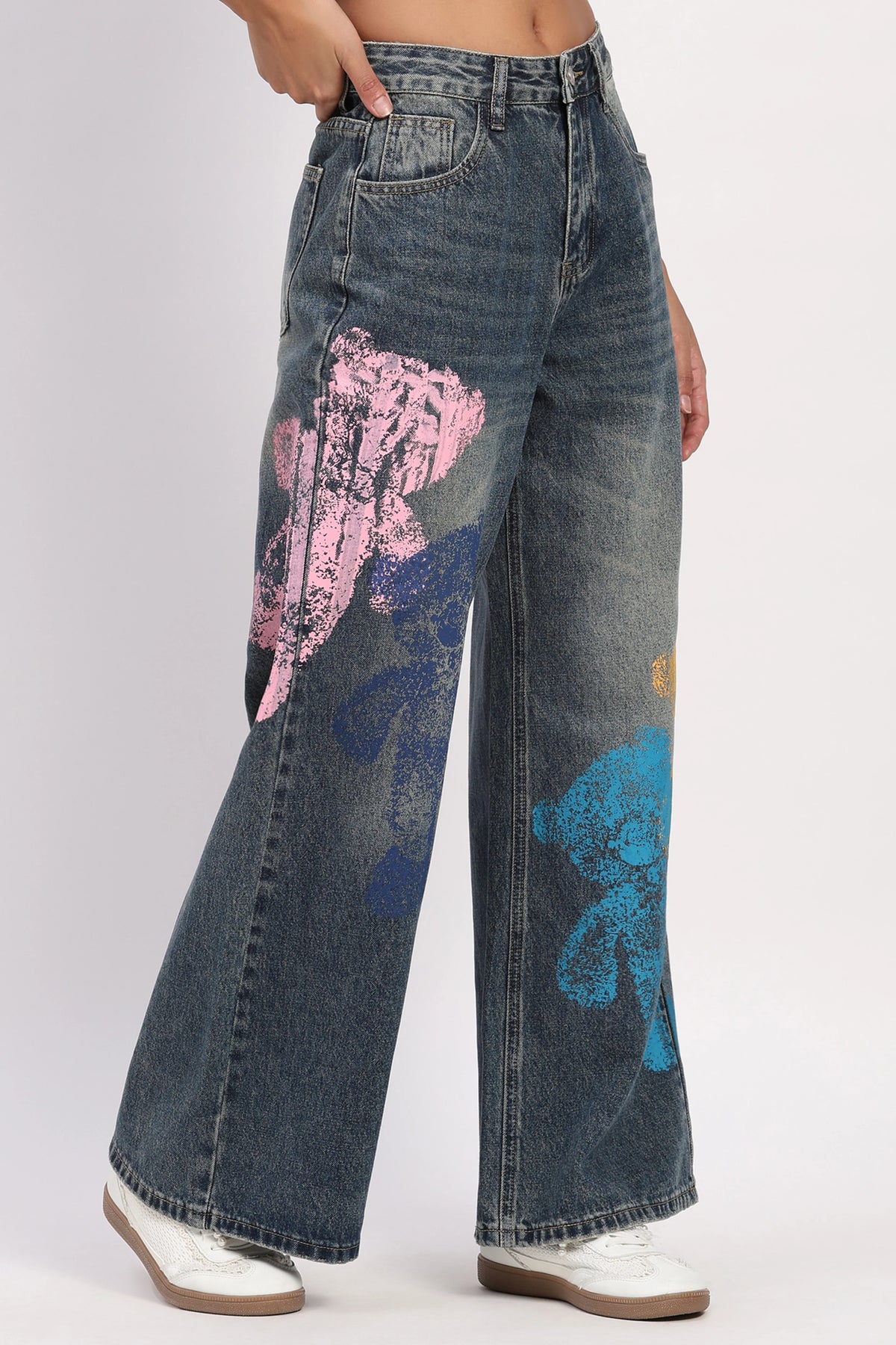 Blue Graphic Wide-Leg Jeans
