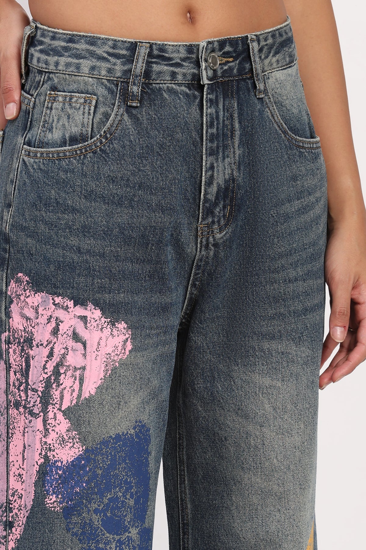 Blue Graphic Wide-Leg Jeans
