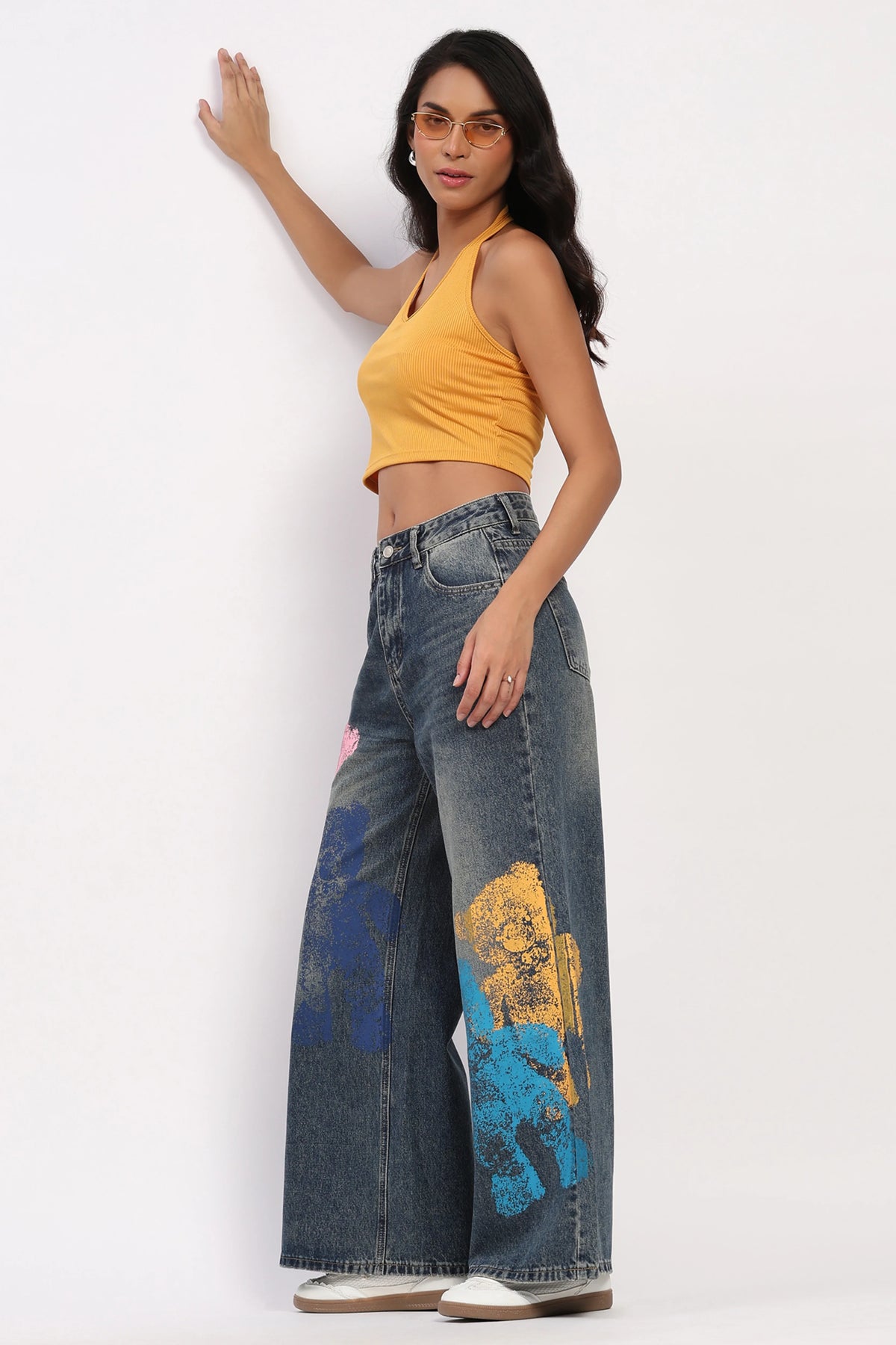 Blue Graphic Wide-Leg Jeans