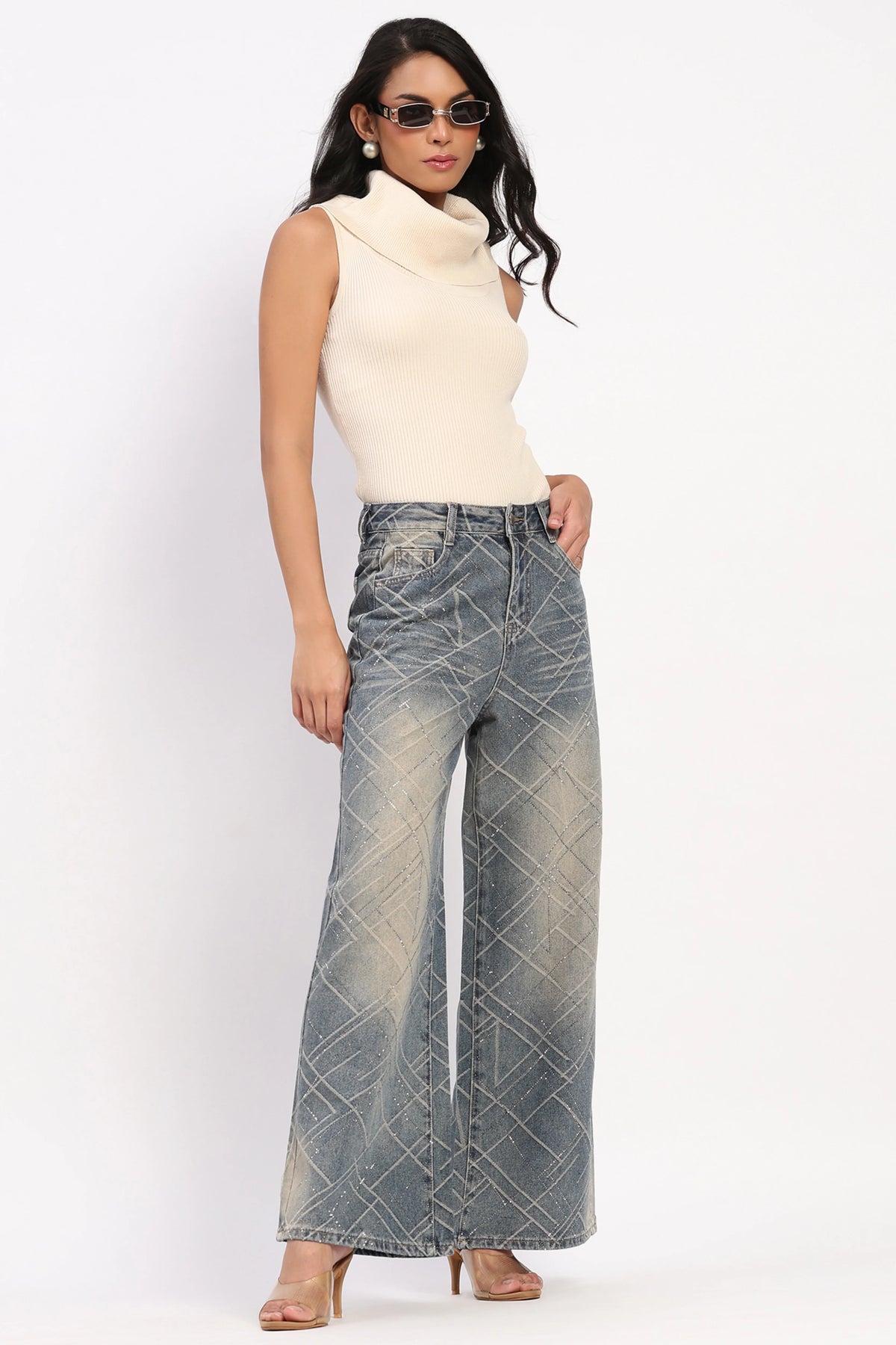 Blue Embellished Wide-Leg Jeans
