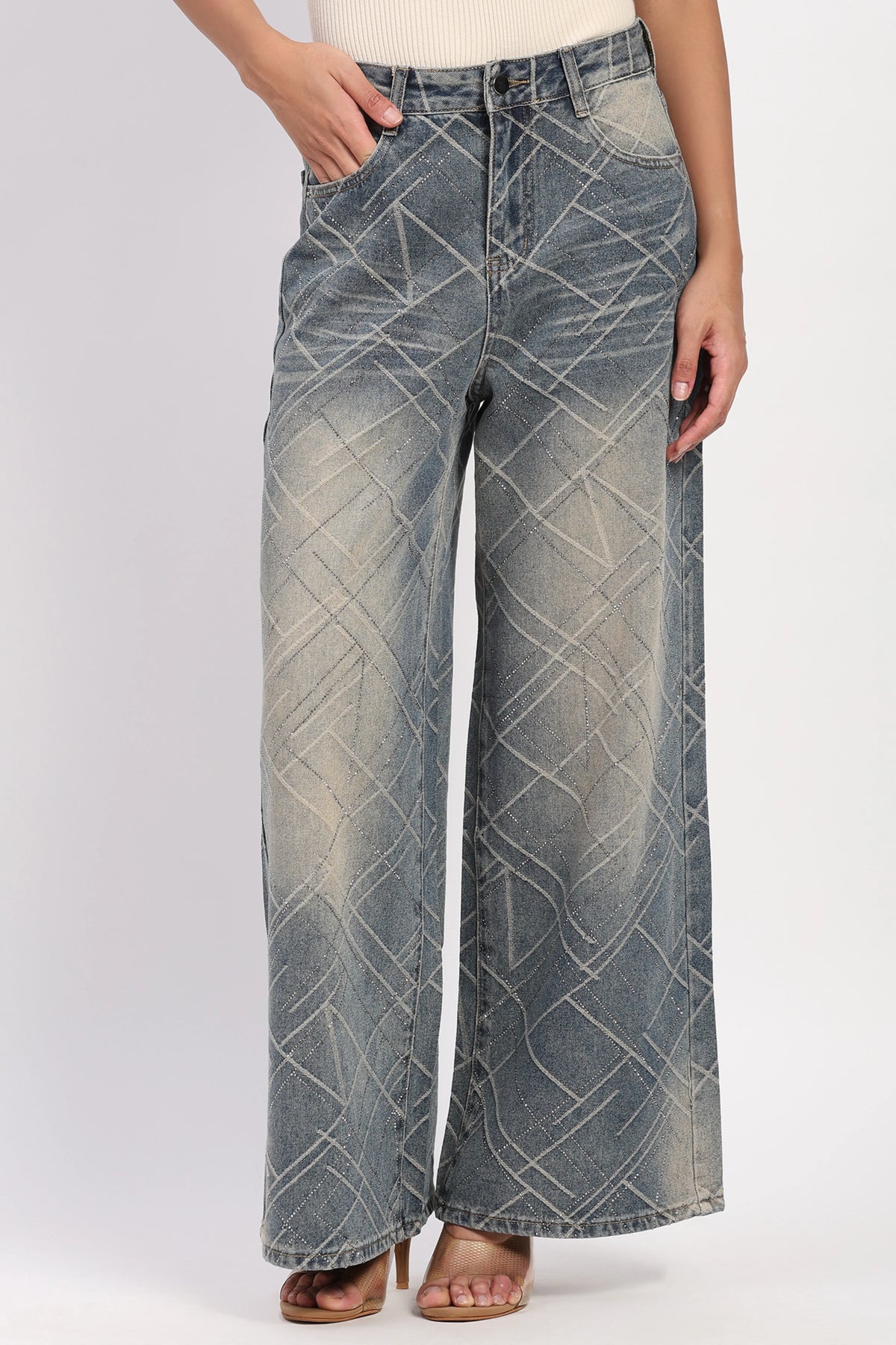 Blue Embellished Wide-Leg Jeans