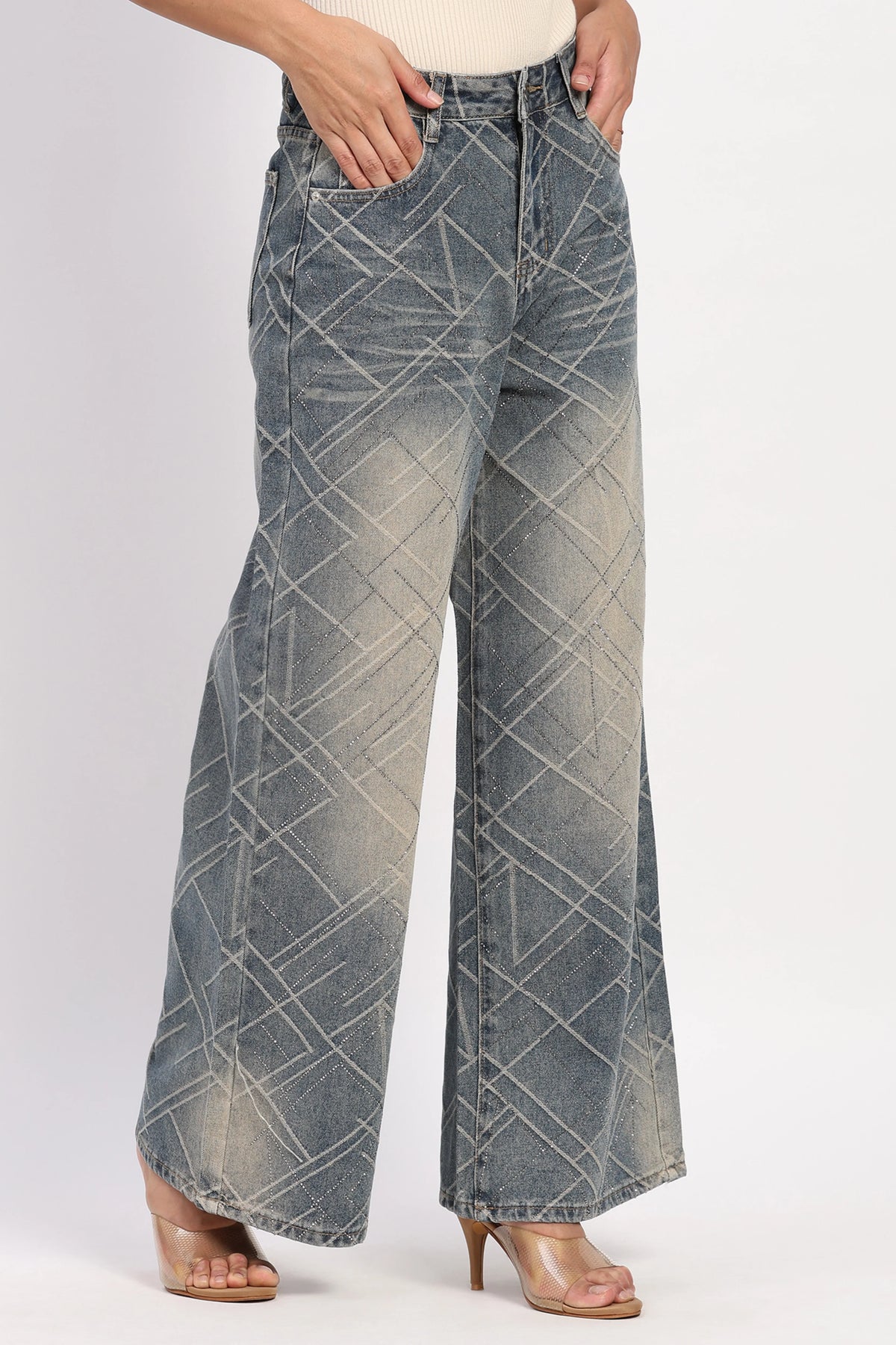 Blue Embellished Wide-Leg Jeans