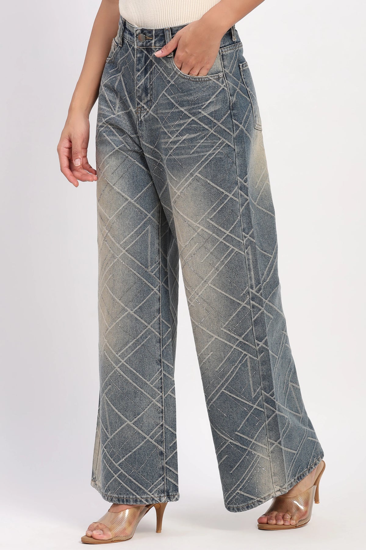 Blue Embellished Wide-Leg Jeans