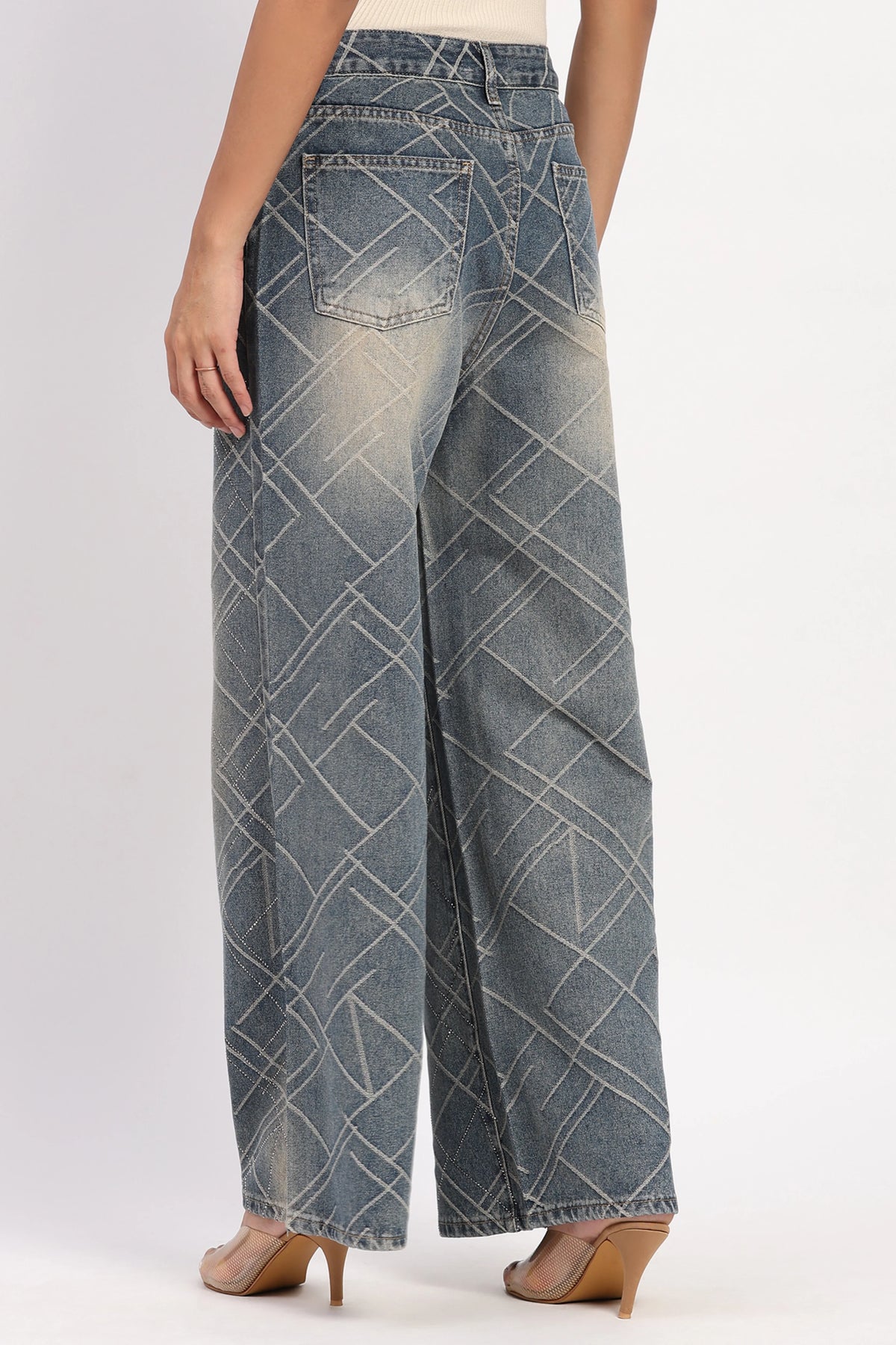 Blue Embellished Wide-Leg Jeans