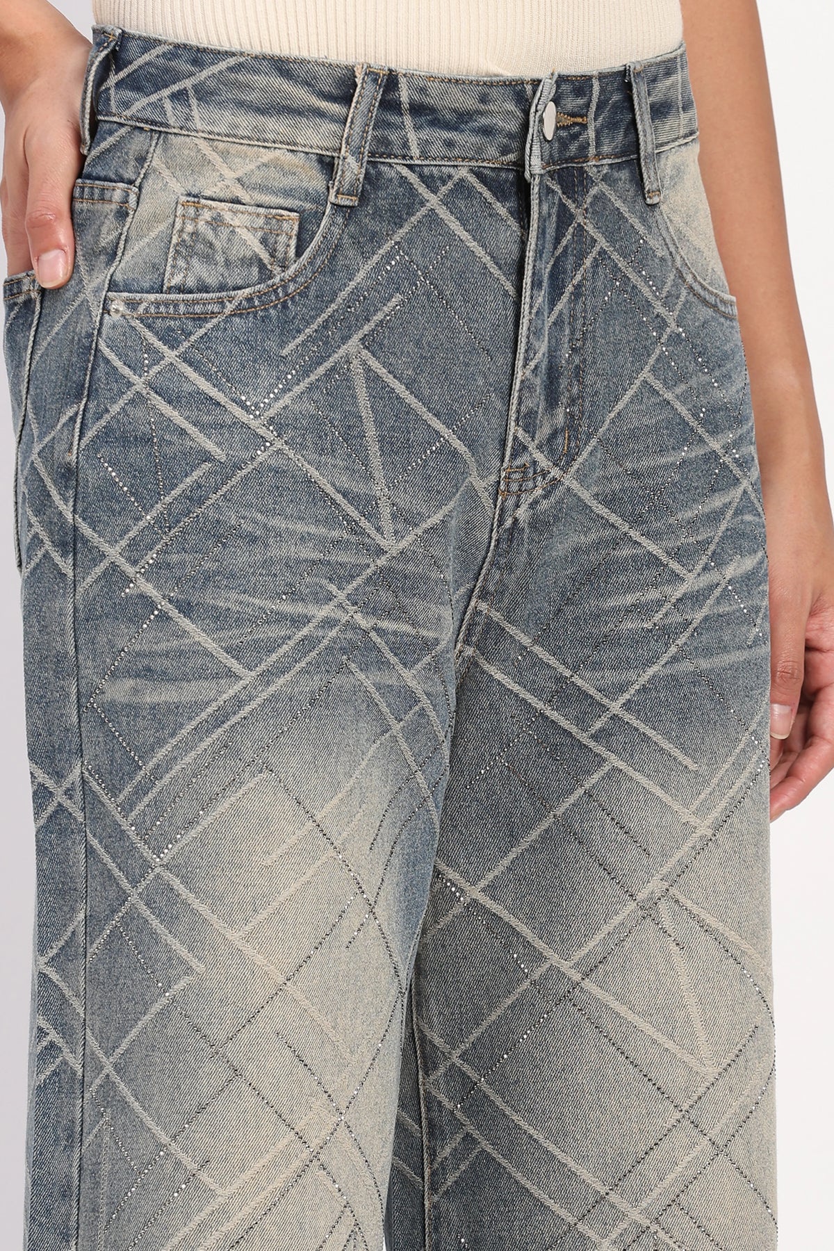 Blue Embellished Wide-Leg Jeans