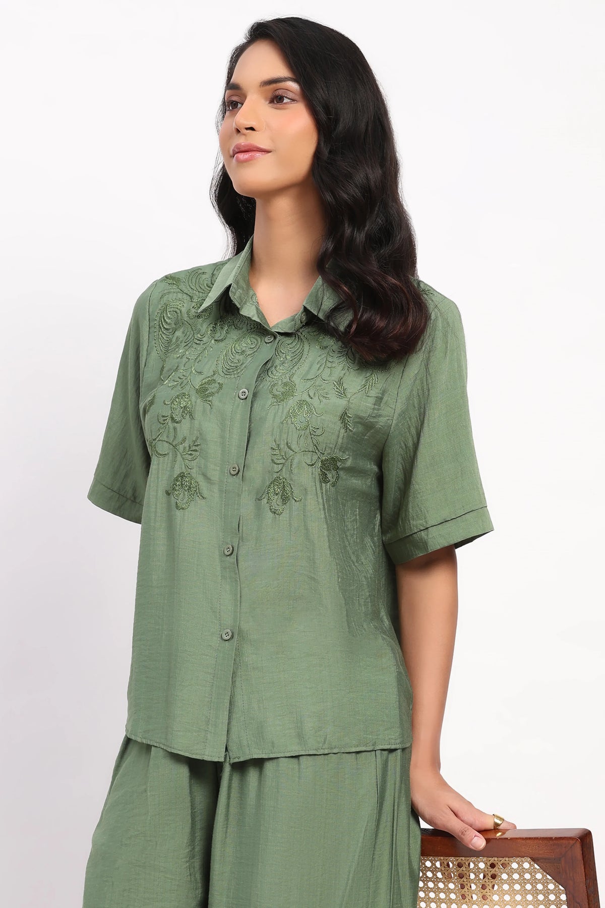 Green Floral Embroidered Set-Global Republic