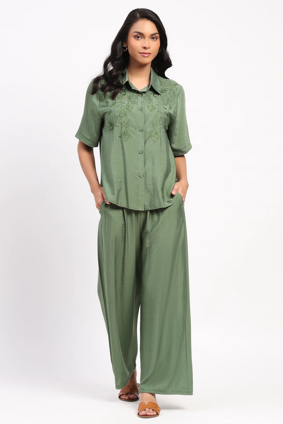 Green Floral Embroidered Set-Global Republic