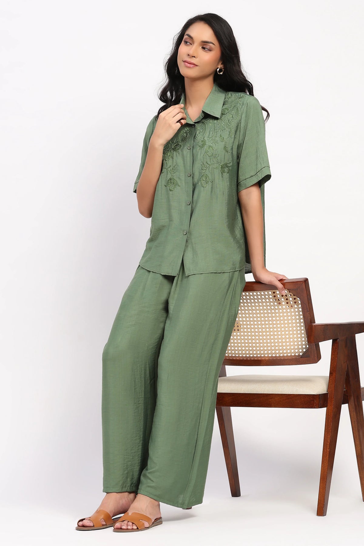 Green Floral Embroidered Set-Global Republic