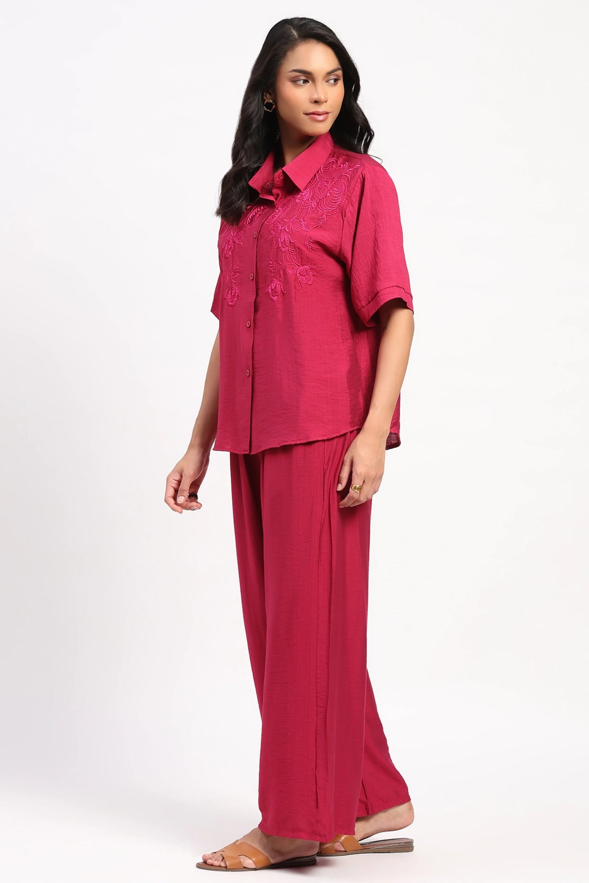 Magenta Floral Embroidered Set-Global Republic
