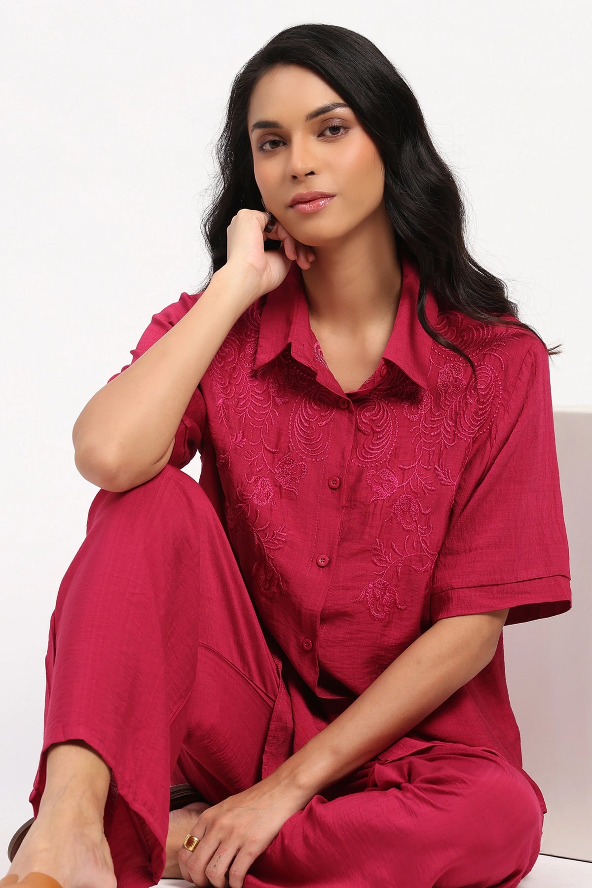 Magenta Floral Embroidered Set-Global Republic
