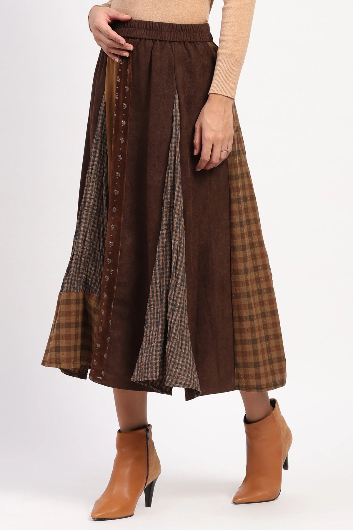 Brown Colour-Block Check Flared Skirt-Global Republic