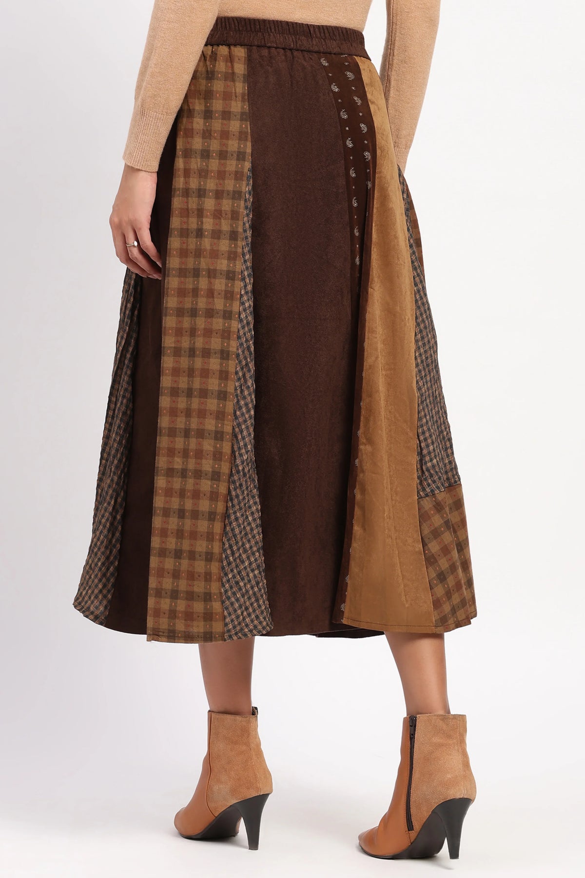 Brown Colour-Block Check Flared Skirt-Global Republic