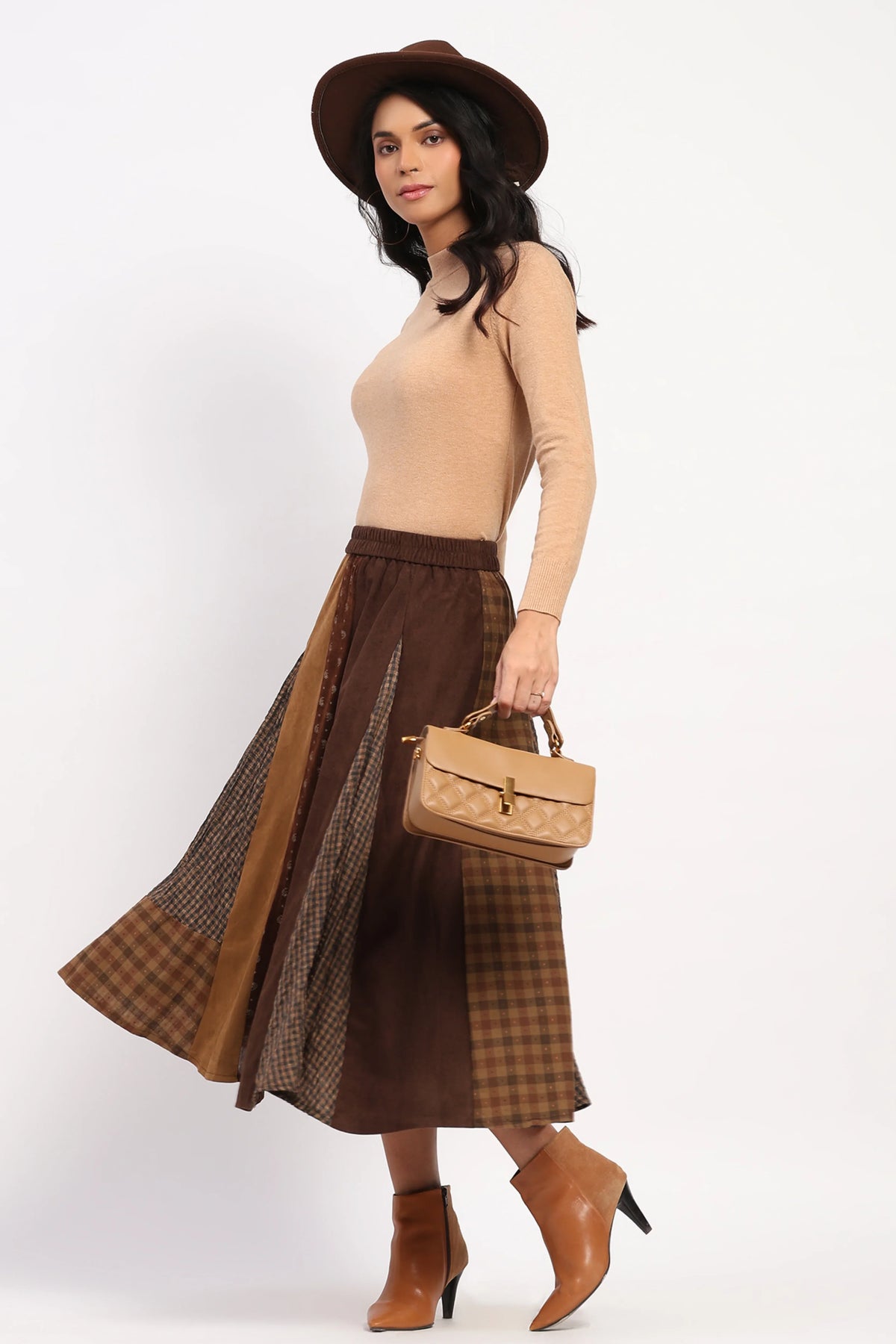 Brown Colour-Block Check Flared Skirt-Global Republic