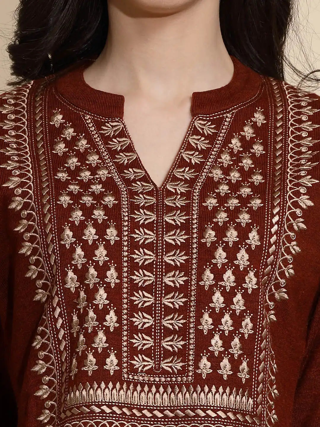 Rust Embroidered Full Sleeve Collared With V-Neck Woolen Kurta - Global Republic