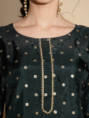 Green Embroidered Three Quarter Sleeves Round Neck Satin Tunic