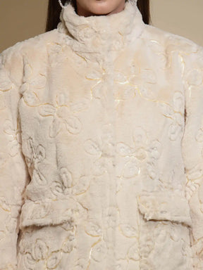 Beige Embroidered Full Sleeve Turtle Neck Woolen Bomber Jacket