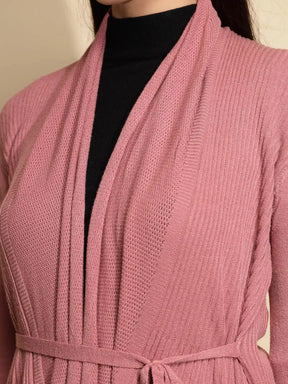 Pink Solid Full Sleeve Open Neck Knitted Winter Wrap Shrug