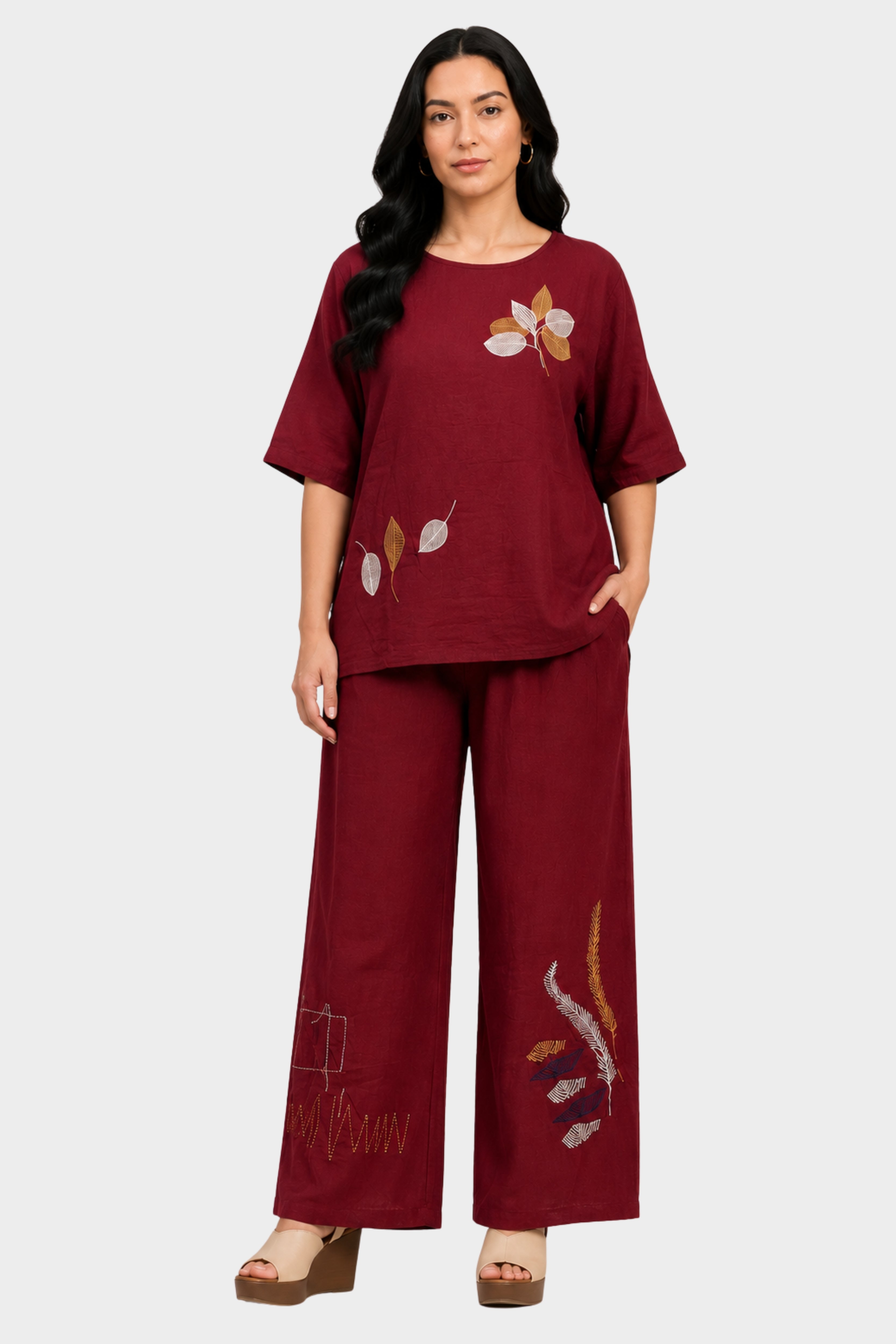 Maroon Leaf Embroidered Lounge Wear Set