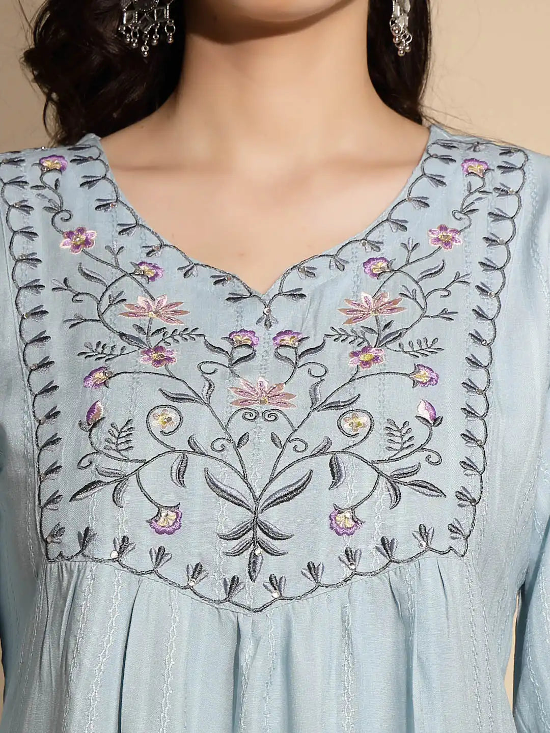 Grey Embroidered Three Quarter Sleeves V-Neck Cotton Blend Tunic - Global Republic