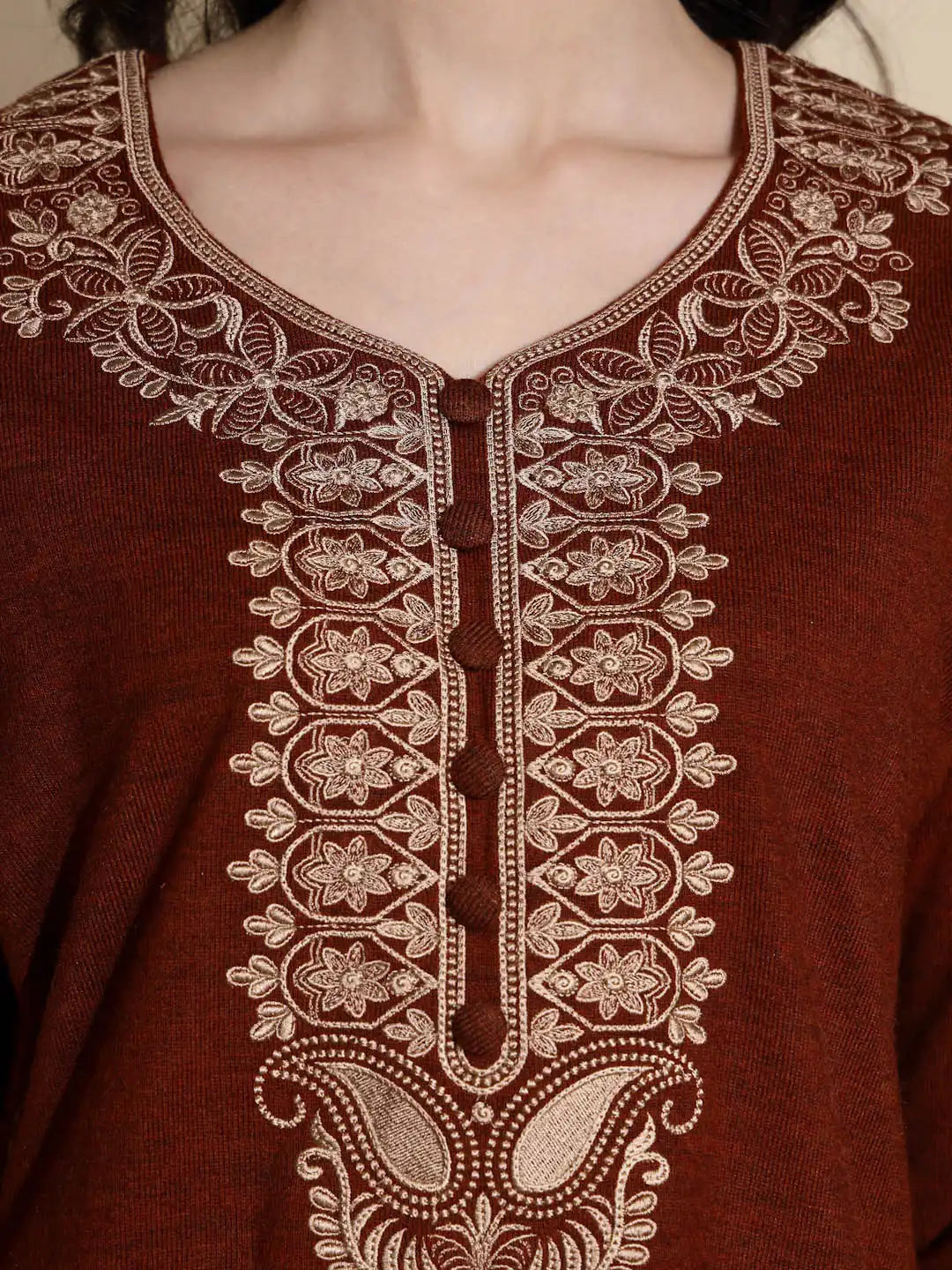Rust Embroidered Full Sleeves Raglan Cut Crew Neck Woolen Kurta - Global Republic