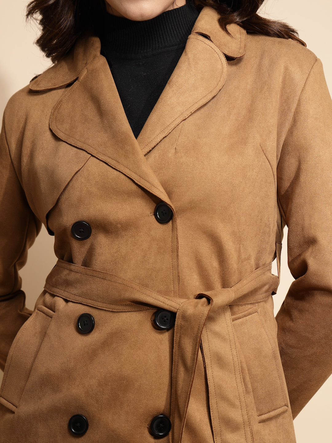 Women Brown Solid Collared Neck Full Sleeve Wool Blend Coat
