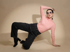 Peach Solid Full Sleeve Turtle Neck Knitted Skeevi