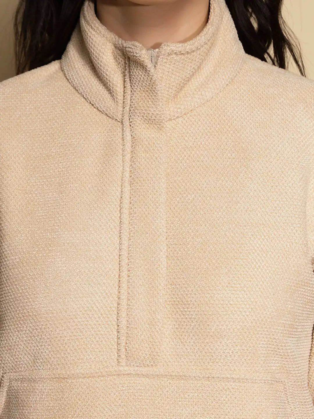 Beige Solid Full Sleeve Turtle Neck Fleece Sweatshirt