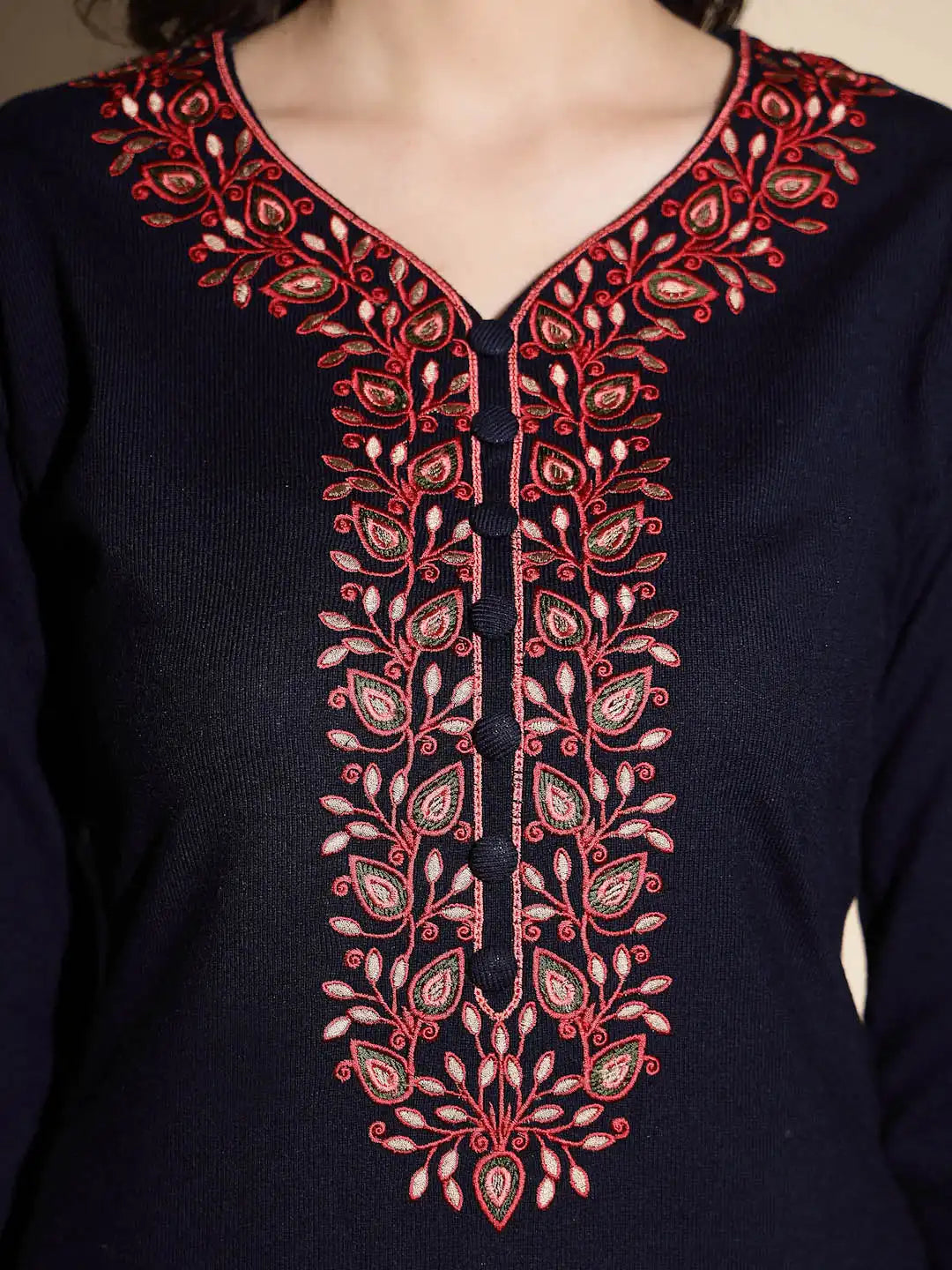 Royal Blue Embroidered Full Sleeves Raglan Cut Crew Neck Woolen Kurta