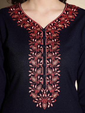 Royal Blue Embroidered Full Sleeves Raglan Cut Crew Neck Woolen Kurta