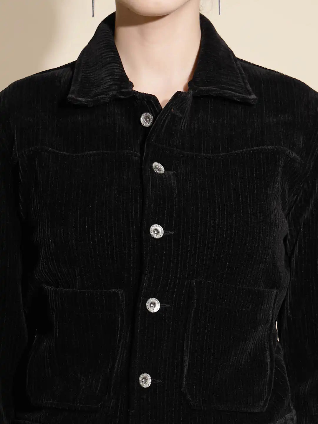 Black Solid Full Sleeve Collared Neck Suede Jacket
