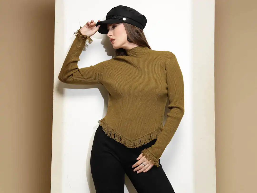 Olive Solid Full Sleeve Turtle Neck Woolen Fringed Pullover Sweater
