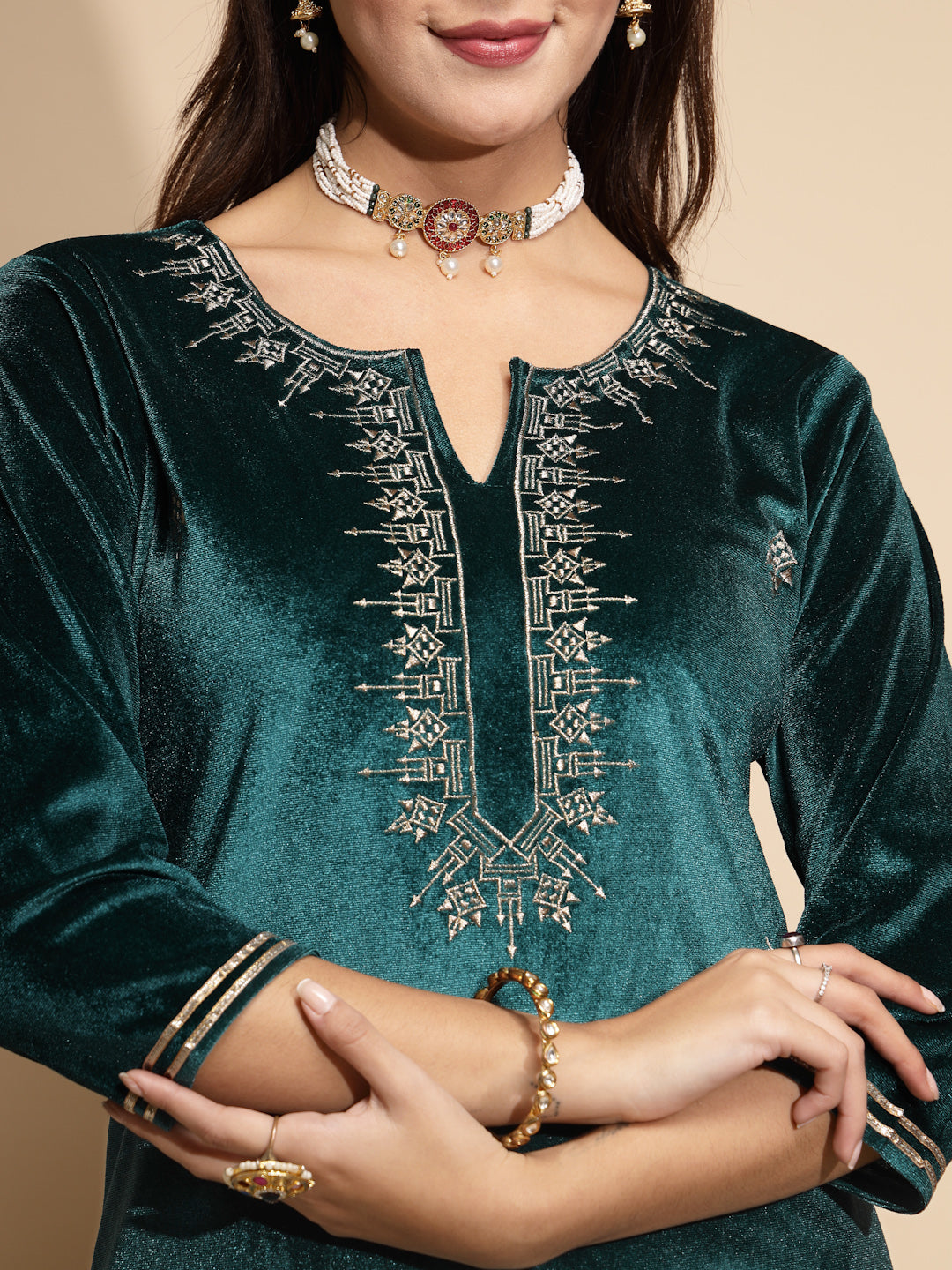 Green Embroidered Velvet Kurta - Global Republic