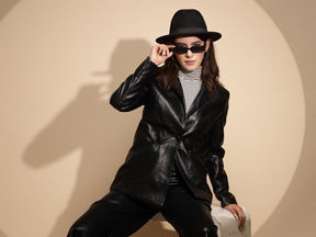 Women Black Solid Collared Neck Full Sleeve Leather Coat