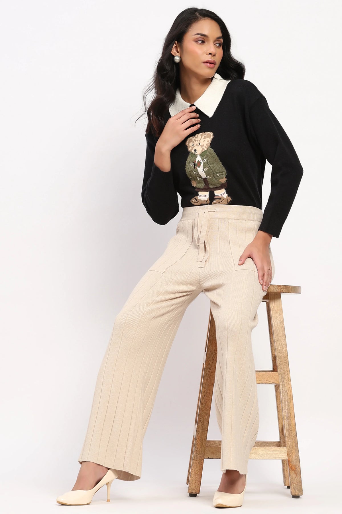 Cream Self Striped Winter Lower-Global Republic
