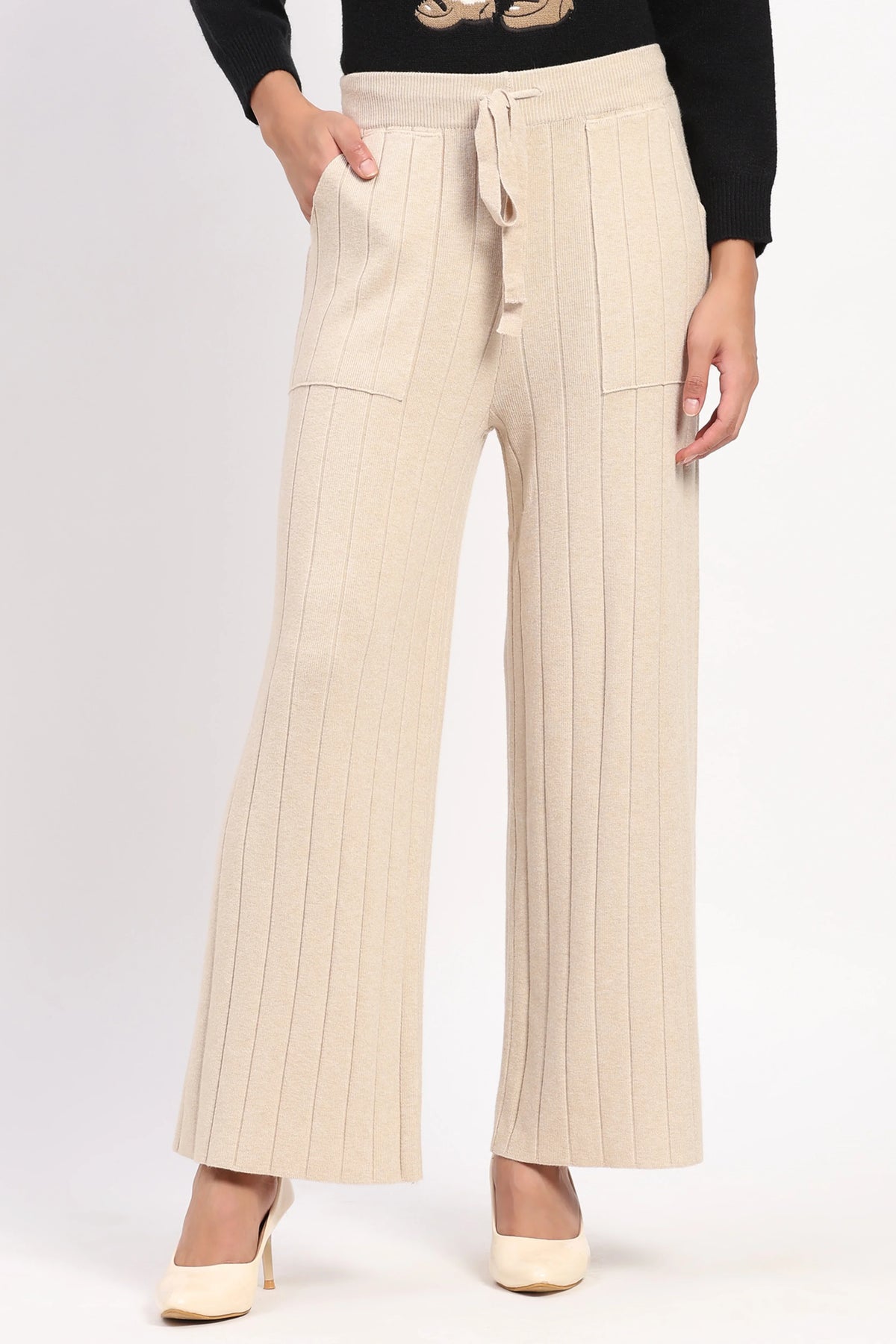 Cream Self Striped Winter Lower-Global Republic