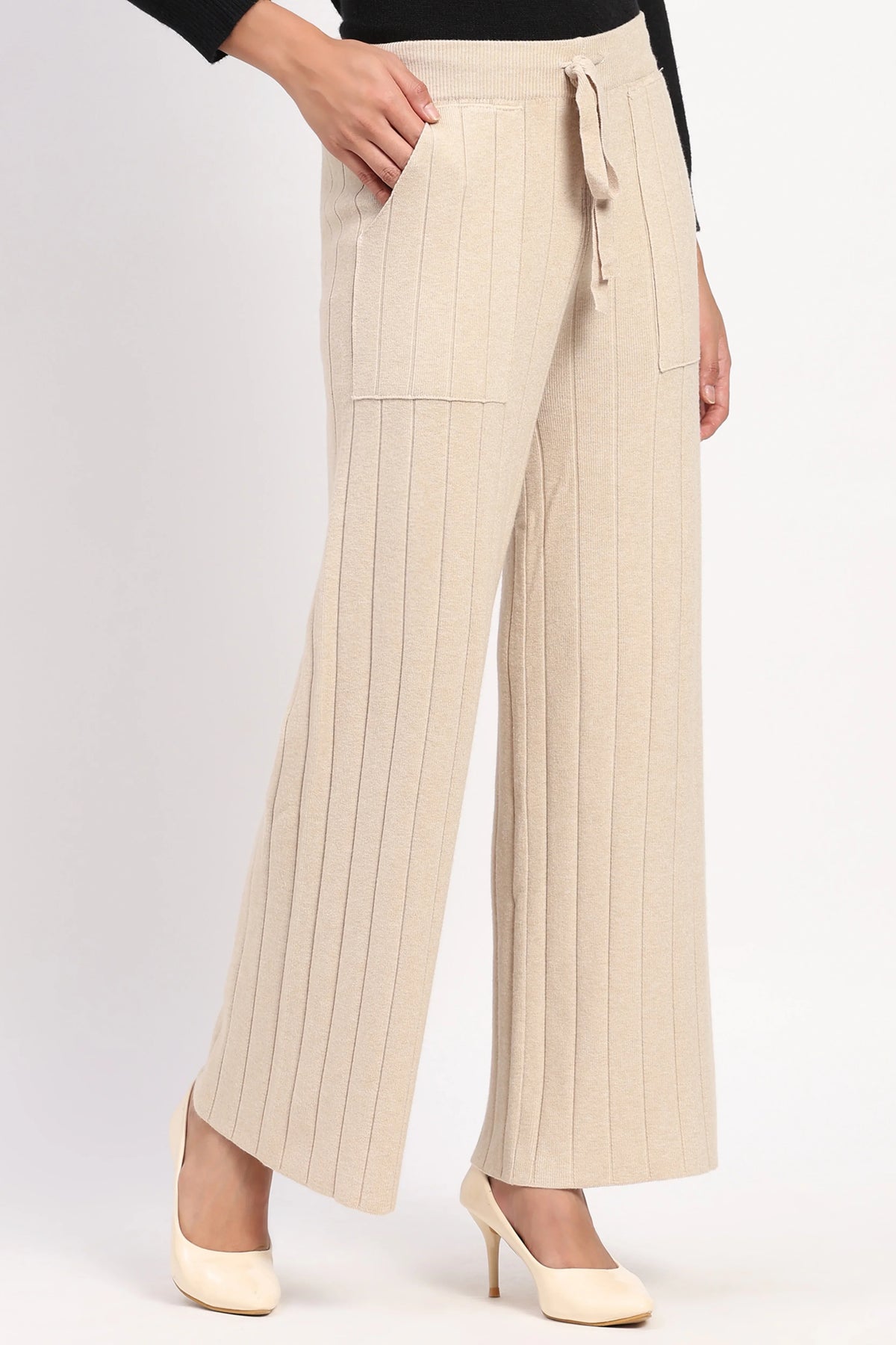 Cream Self Striped Winter Lower-Global Republic