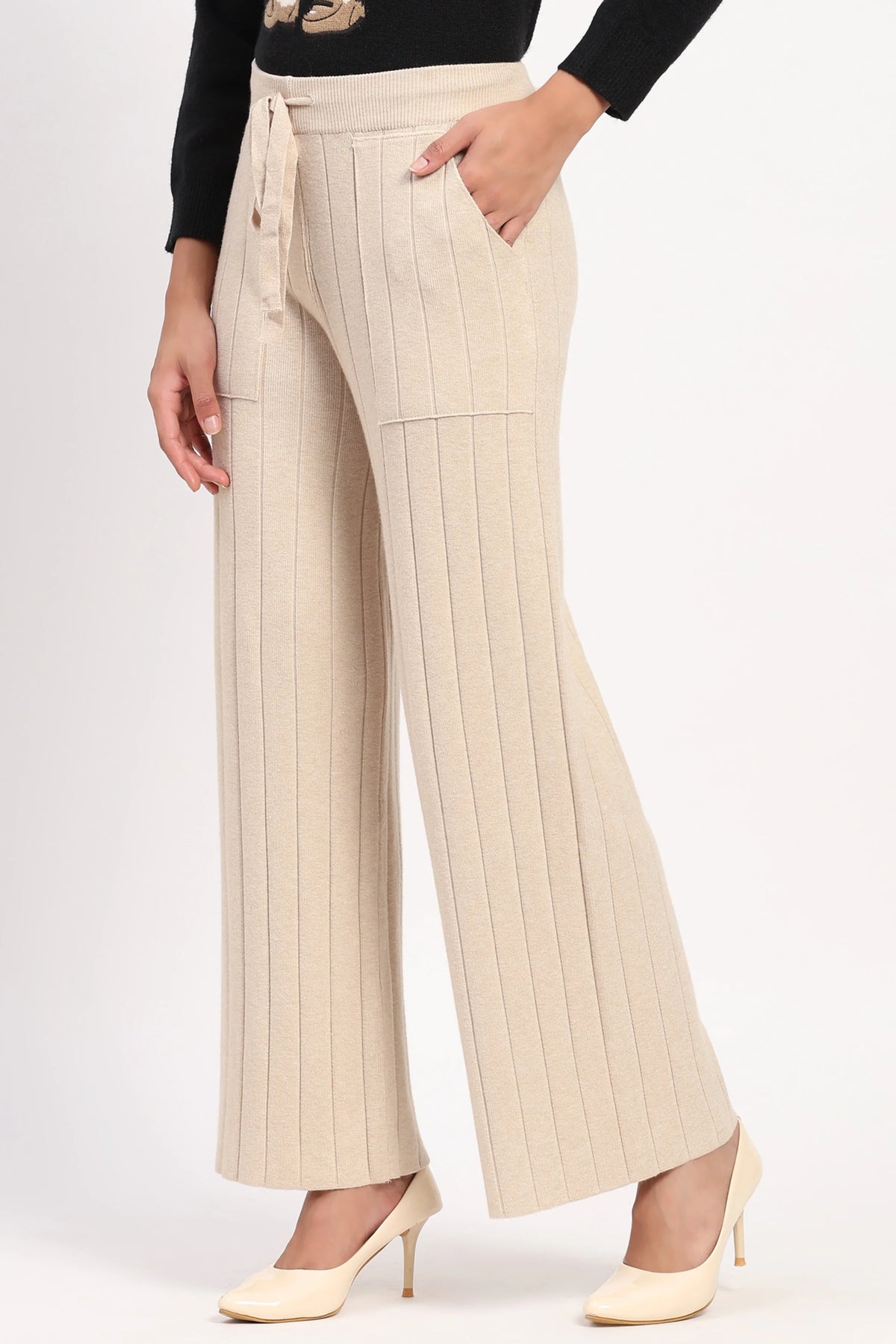 Cream Self Striped Winter Lower-Global Republic