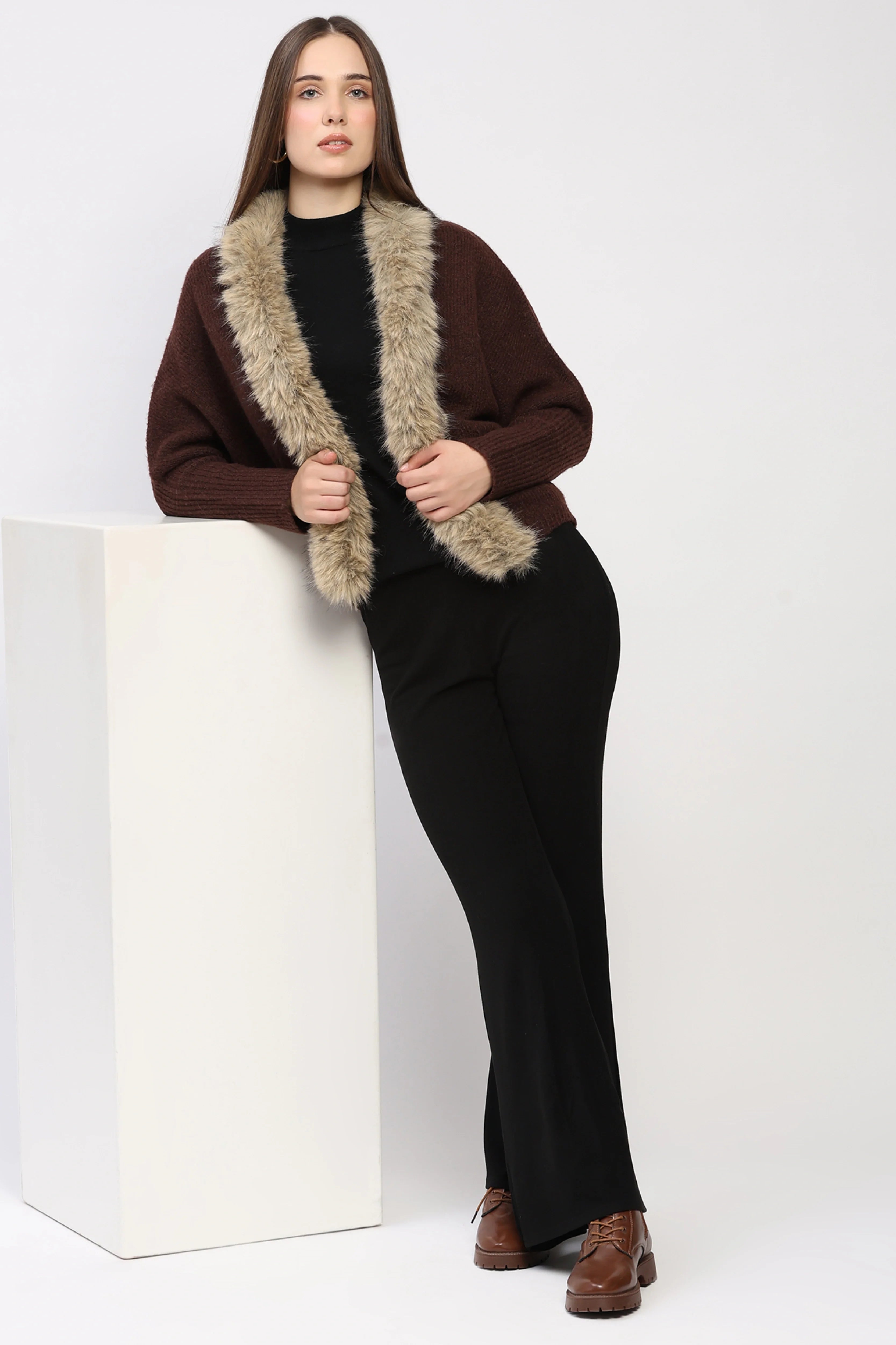 Fur-Trimmed Coffee Brown Winter Shrug