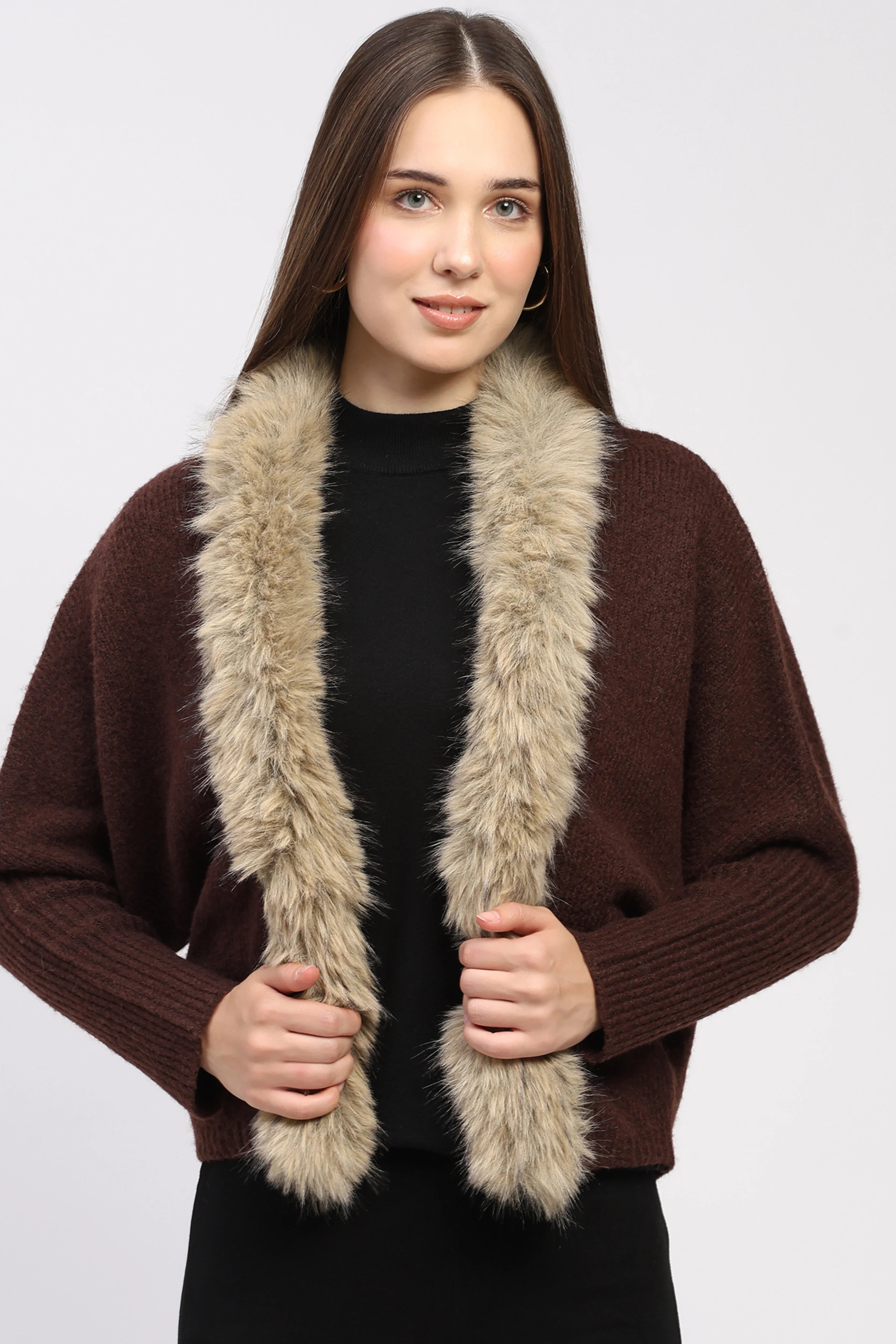 Fur-Trimmed Coffee Brown Winter Shrug