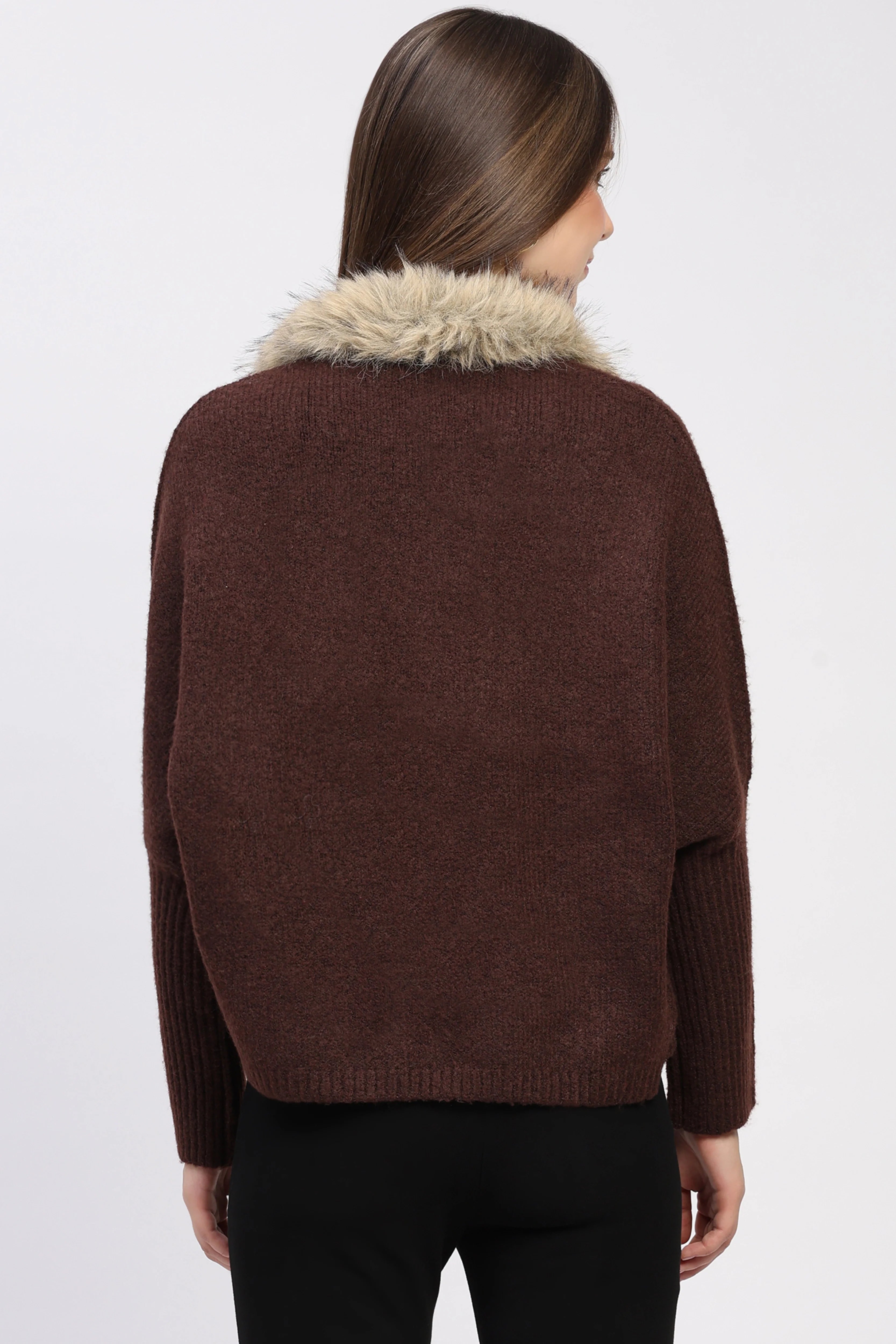 Fur-Trimmed Coffee Brown Winter Shrug