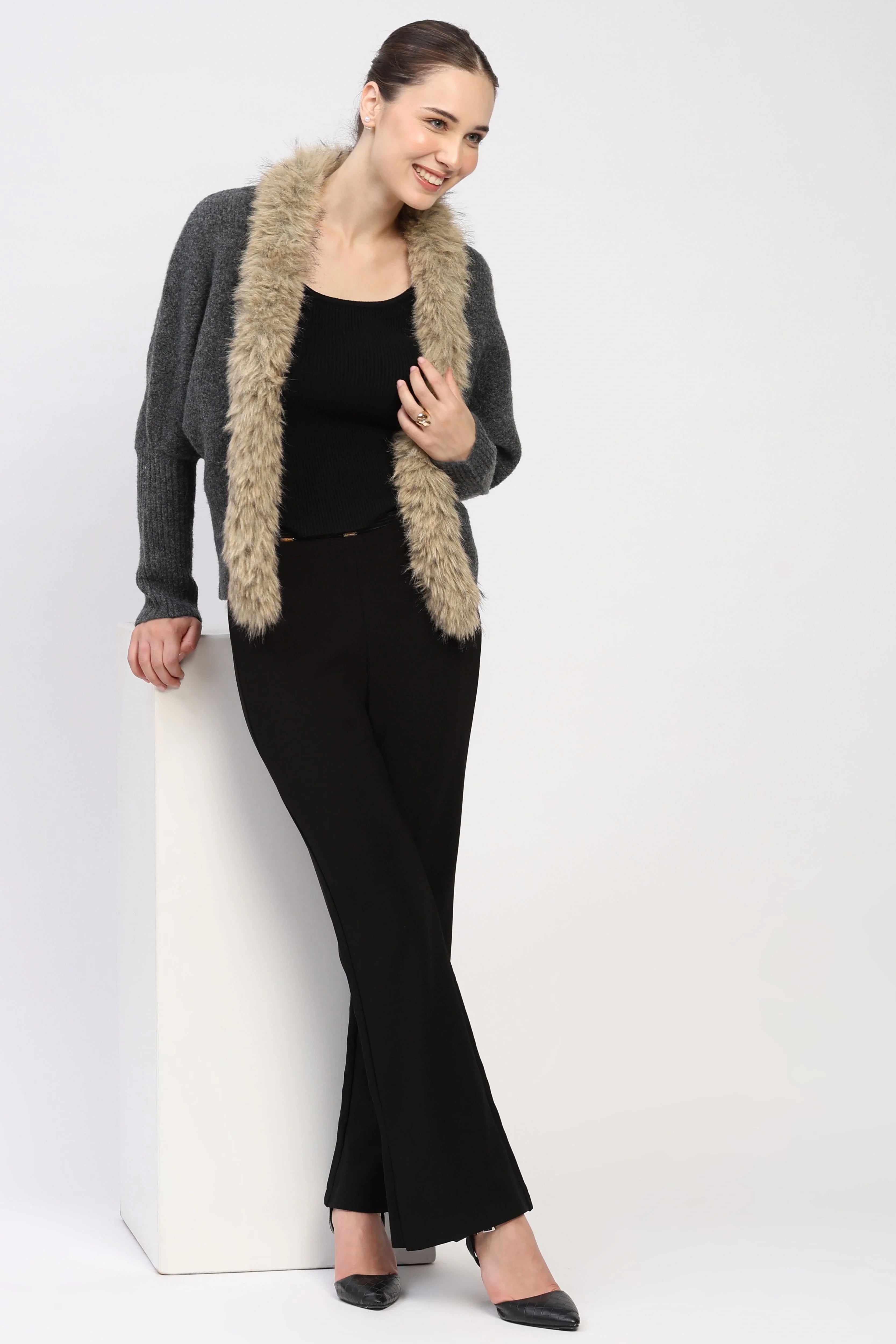 Beige Fur-Trimmed Grey Winter Shrug
