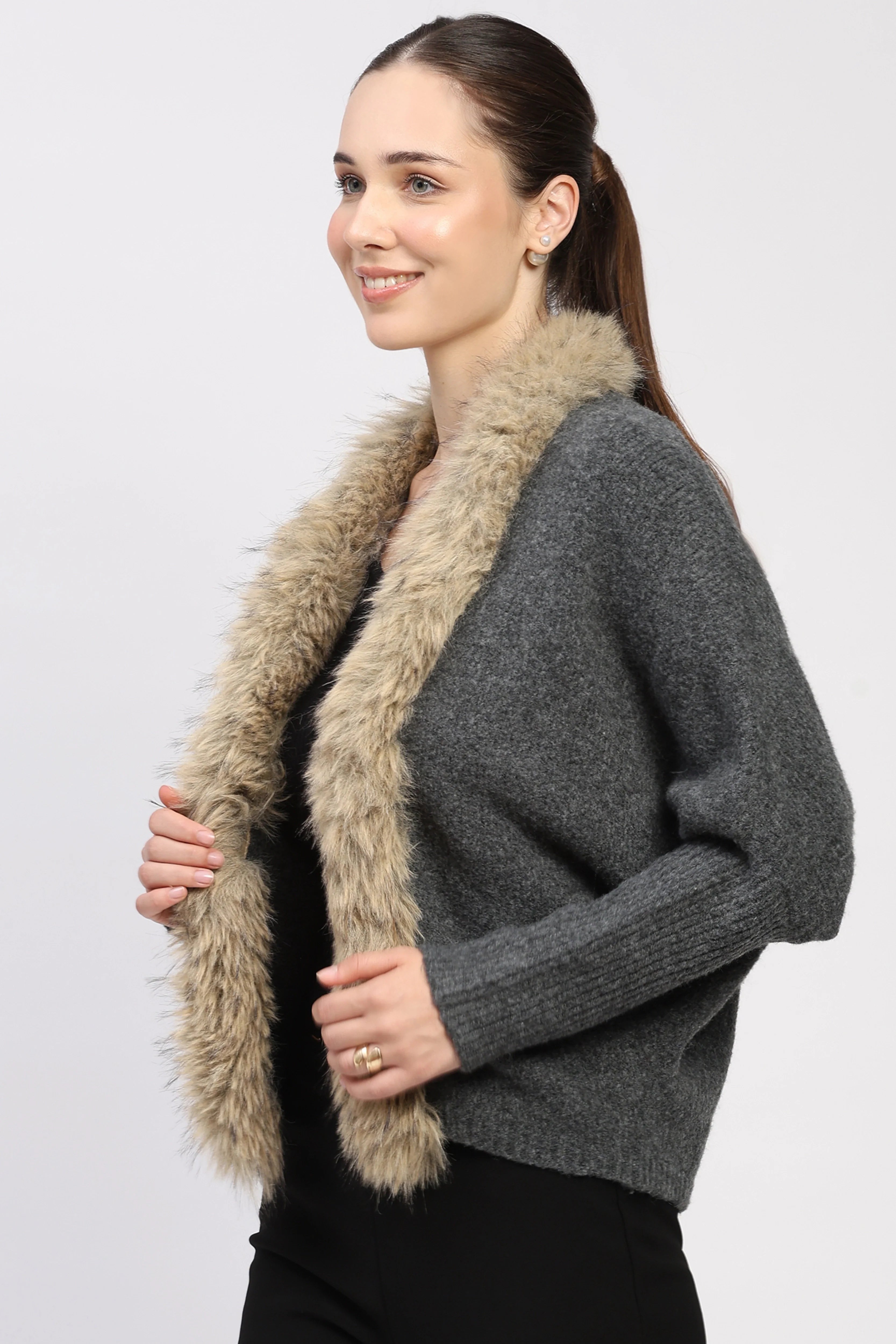 Beige Fur-Trimmed Grey Winter Shrug