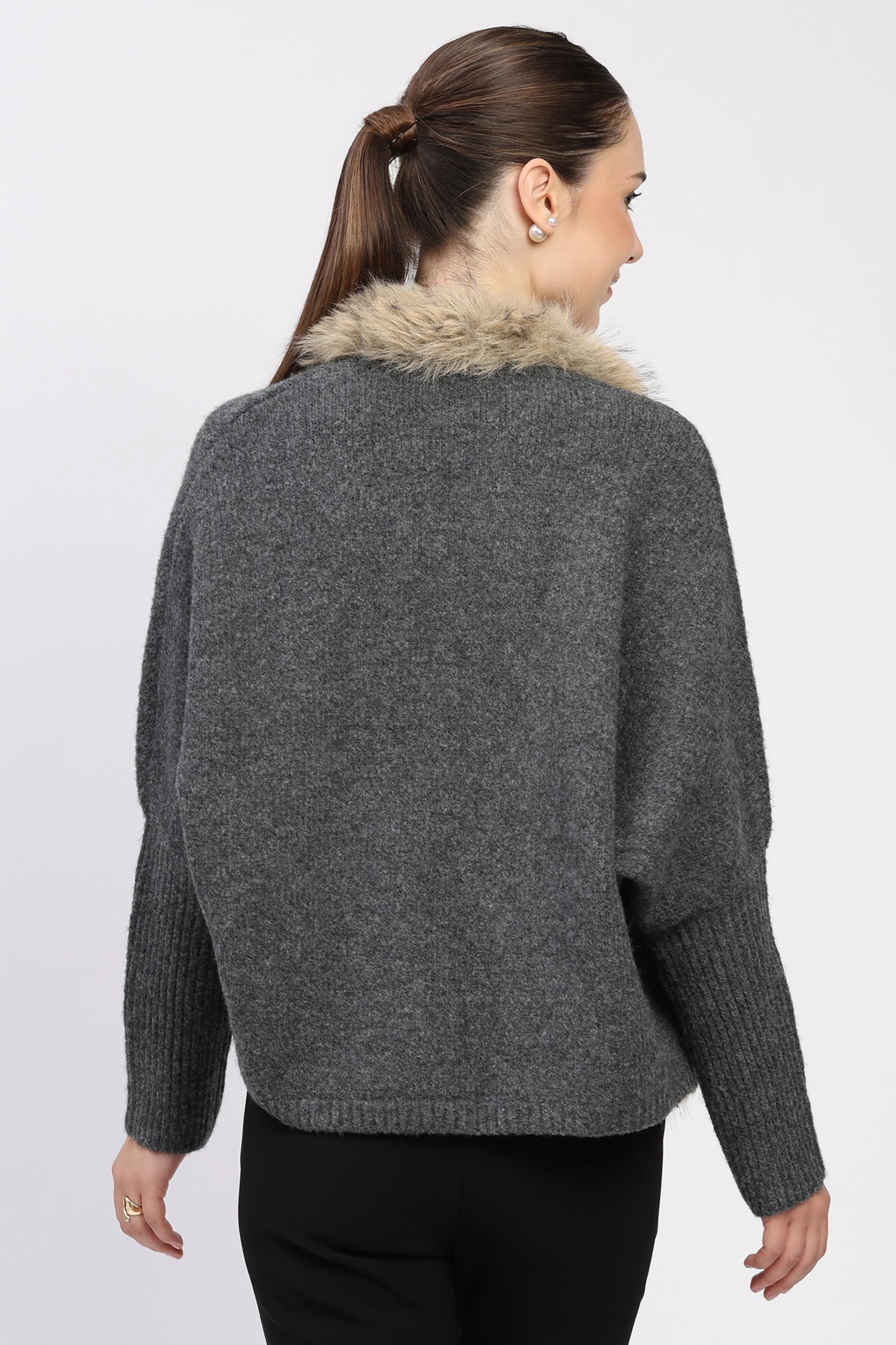 Beige Fur-Trimmed Grey Winter Shrug