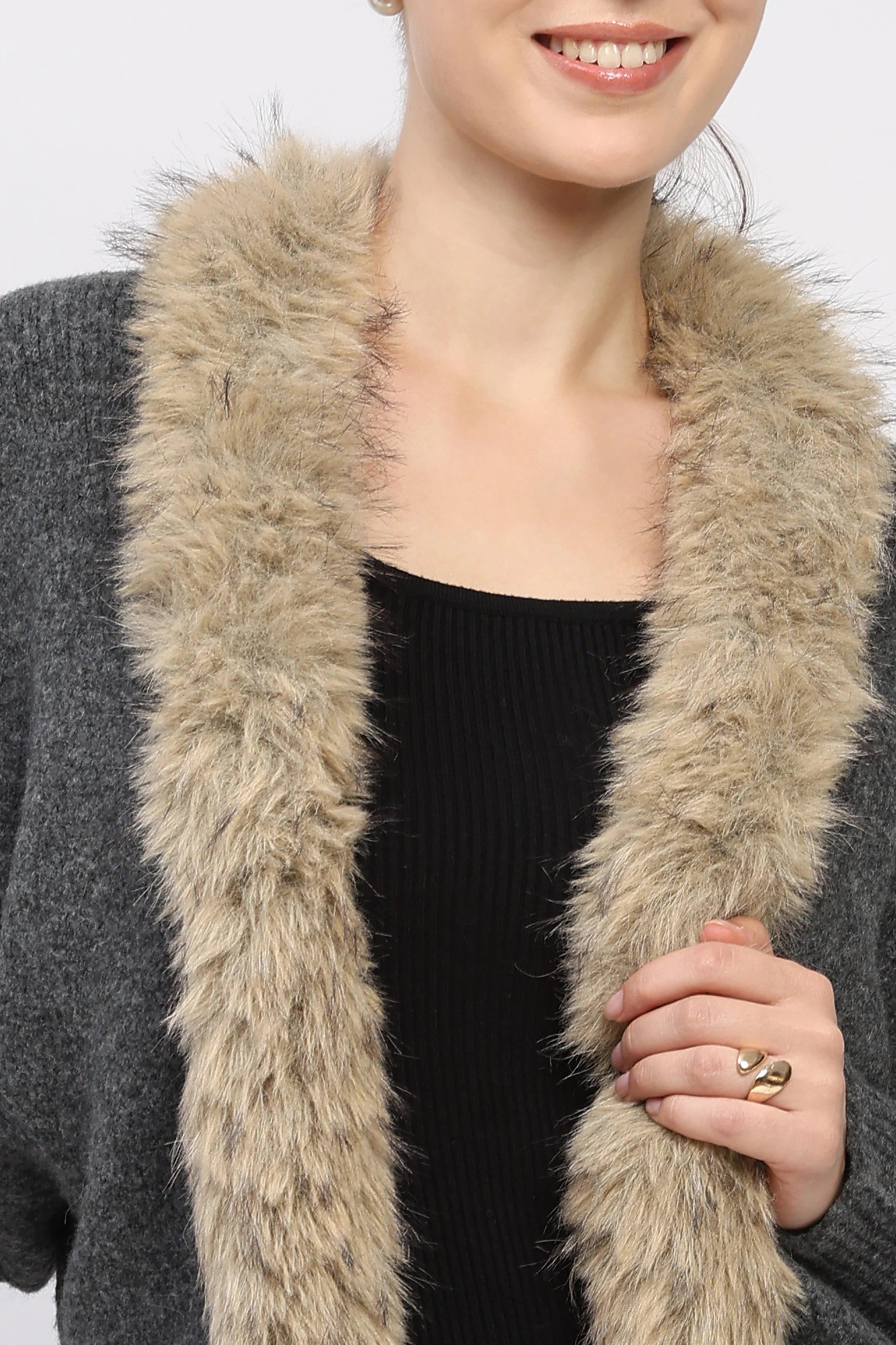 Beige Fur-Trimmed Grey Winter Shrug