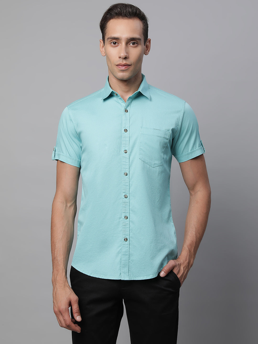 Mens Aqua Collar Neck Solid Shirt - Global Republic