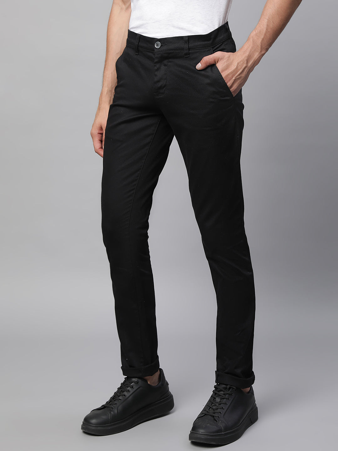 Mens Black Polyester Solid Trouser