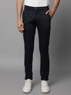 Mens Navy Blue Polyester Solid Trouser
