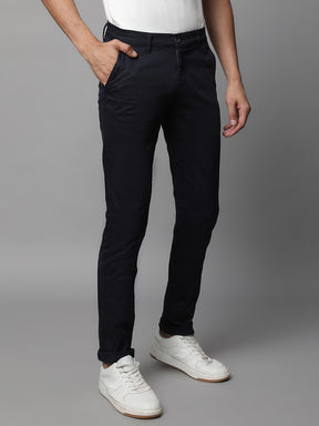 Mens Navy Blue Polyester Solid Trouser