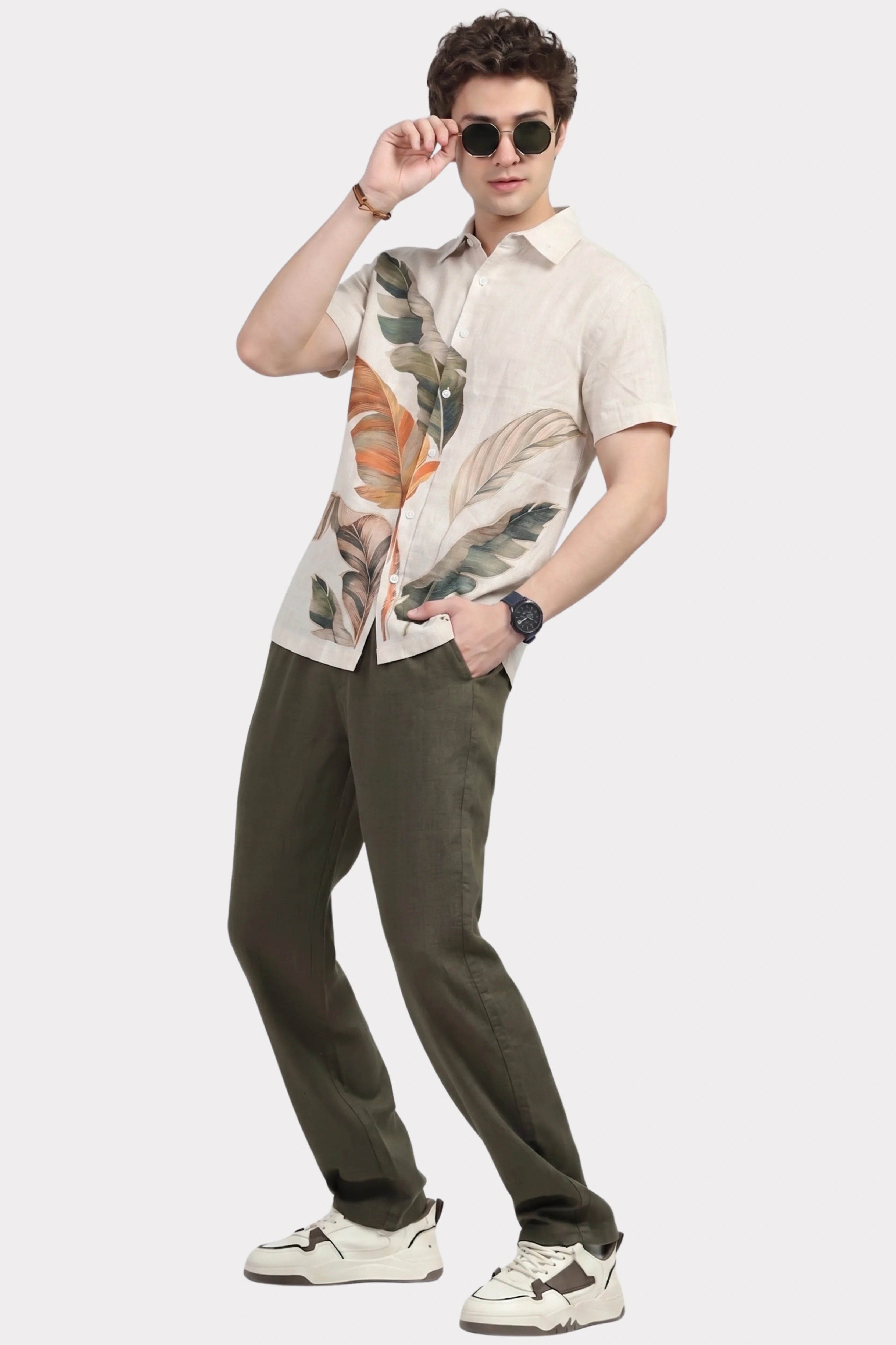 Linen Blend Tropical Print Shirt-Global Republic
