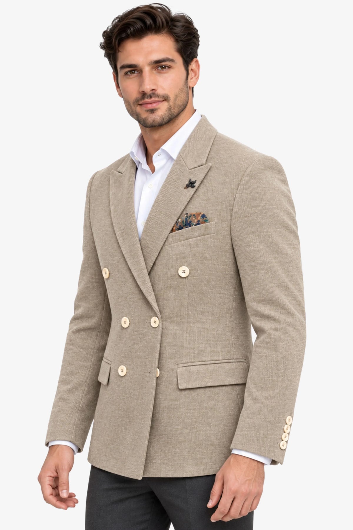 Beige Double-Breasted Corduroy Coat-Global Republic